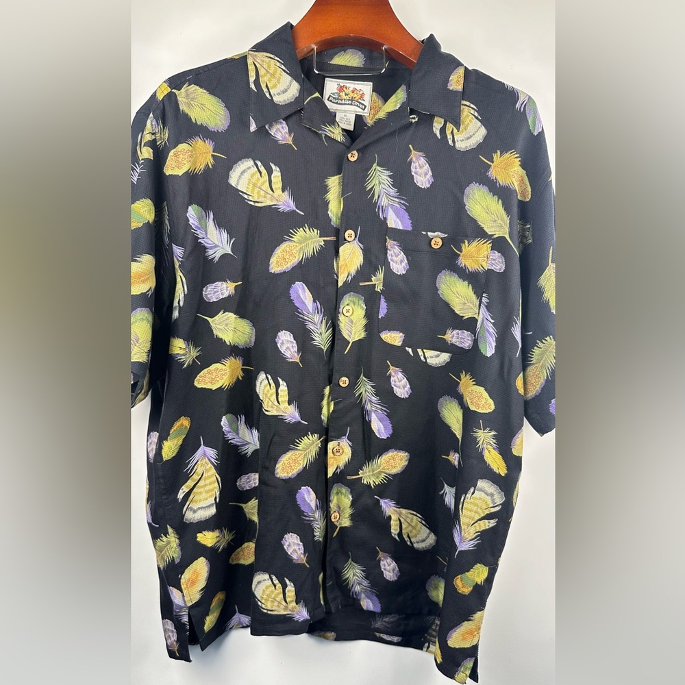 Men’s Silk Blend Shirt‎ XL Feathers Black Paradise Coves